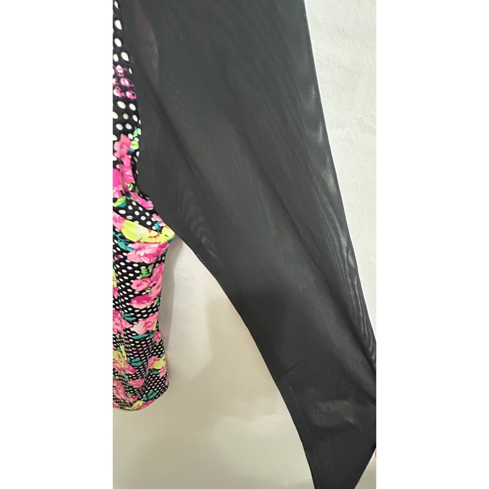 Betsey Johnson Womens XL Floral Polka Dot Mesh Long Sleeve Top Black Pink V-Neck - Picture 9 of 12
